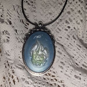 Bird Pendant, Crane Cameo In Silver Tone Frame 16-18 Adjustable Cord Necklace